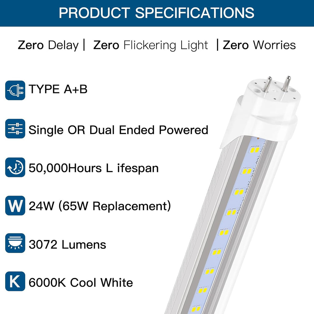 Fluorescent Light Bulbs 48 inch T8 LED Bulbs 4 Foot Type A+B,24W 3200LM 6500K Clear Cover Super Bright,Single