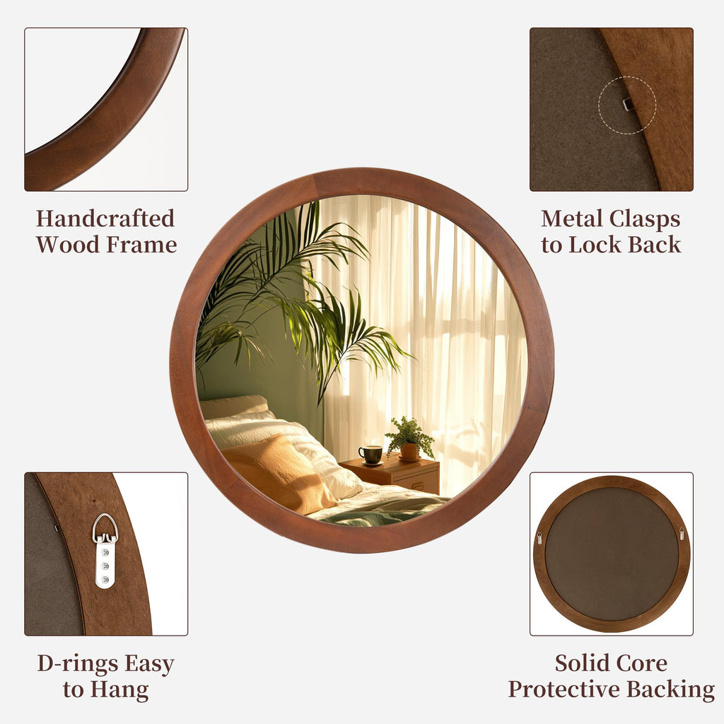 Round Mirror 36 Inch,Wood Rustic Bathroom Wall Mirror with Walnut Frame