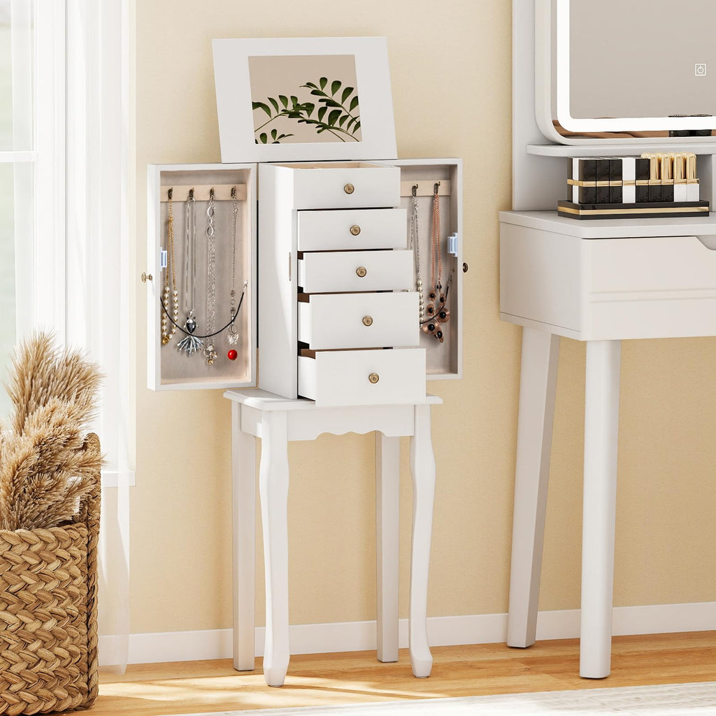 Standing Jewelry Cabinet Armoire with Top Flip Mirror, Jewelry Box Chest with 4 Drawers, Top Compartments, 8 Necklace