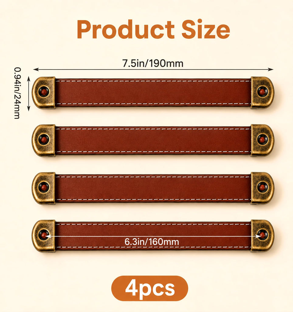 4 Pcs Leather Handle, Leather Drawer Pulls with Mounting Screws for Drawer