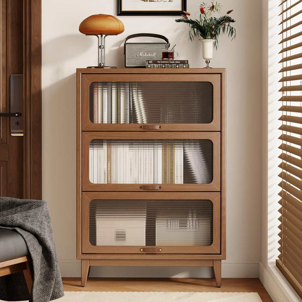 Solid Wood Bookcase with Glass Doors, 3 Shelf Bookshelves and Bookcases, Mid Century Modern Bookshelf with Glass