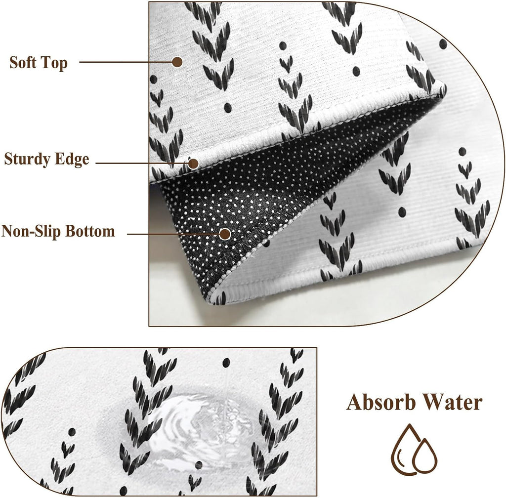 3ft Round Rug,Modern Scandi Botanical Leaves Washable Area Rugs Non-Slip Accent Rug Minimalist Black Leaf on White
