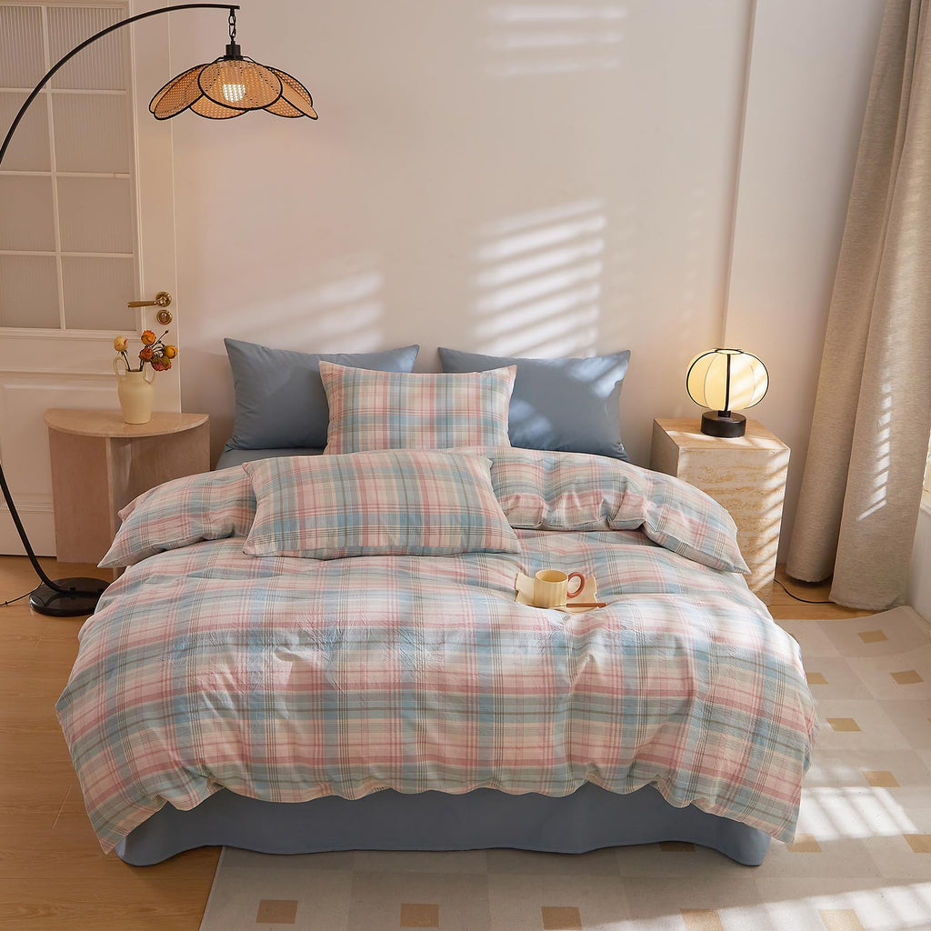 Blush Blue Plaid Comforter Set Gingham Grid 3 Pieces Vintage Checkered Pattern Comforter Buffalo Plaid