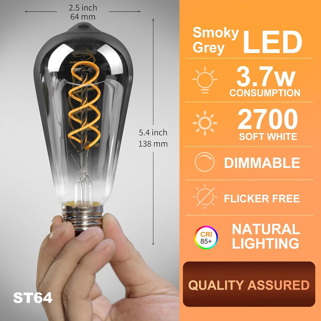 E26 ST64 Vintage Edison Light Bulbs, Smoky Grey Coated Glass, Dimmable, 4W(20W Equivalent) 150 Lumens, 2700K Soft