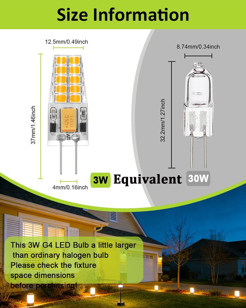 10 Pack G4 LED Bulb 12V AC/DC 3W Bi-Pin Base 476c G4 Bulb 30W T3 LED Halogen Lights Replacement (Soft Warm White