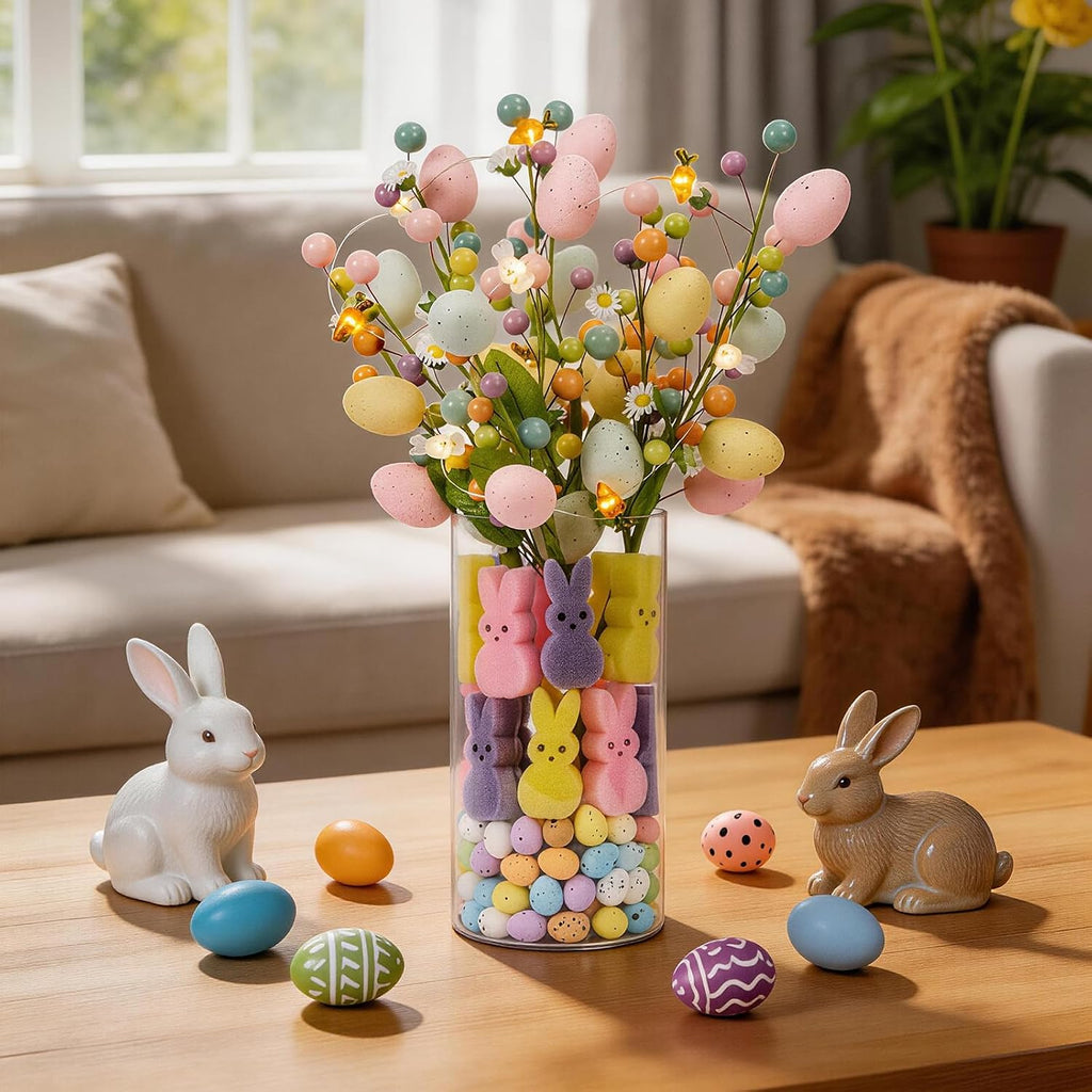 Artificial Easter Berry Picks Branches with Vase, Easter Egg, Bunny, Easter Table Decor, Spring Flowers Picks - Set of 3