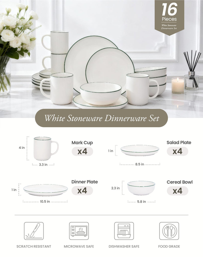 16-Piece Dinnerware Set for 4 with 4 Mugs, White with green rim Stoneware Plates and Bowls Sets, Ceramic Dish Set