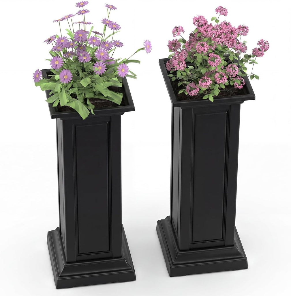 Tall Black Resin Planters Set of 2, Large All-Weather Outdoor Garden Pots, Durable Crack-Resistant Flower Pots for