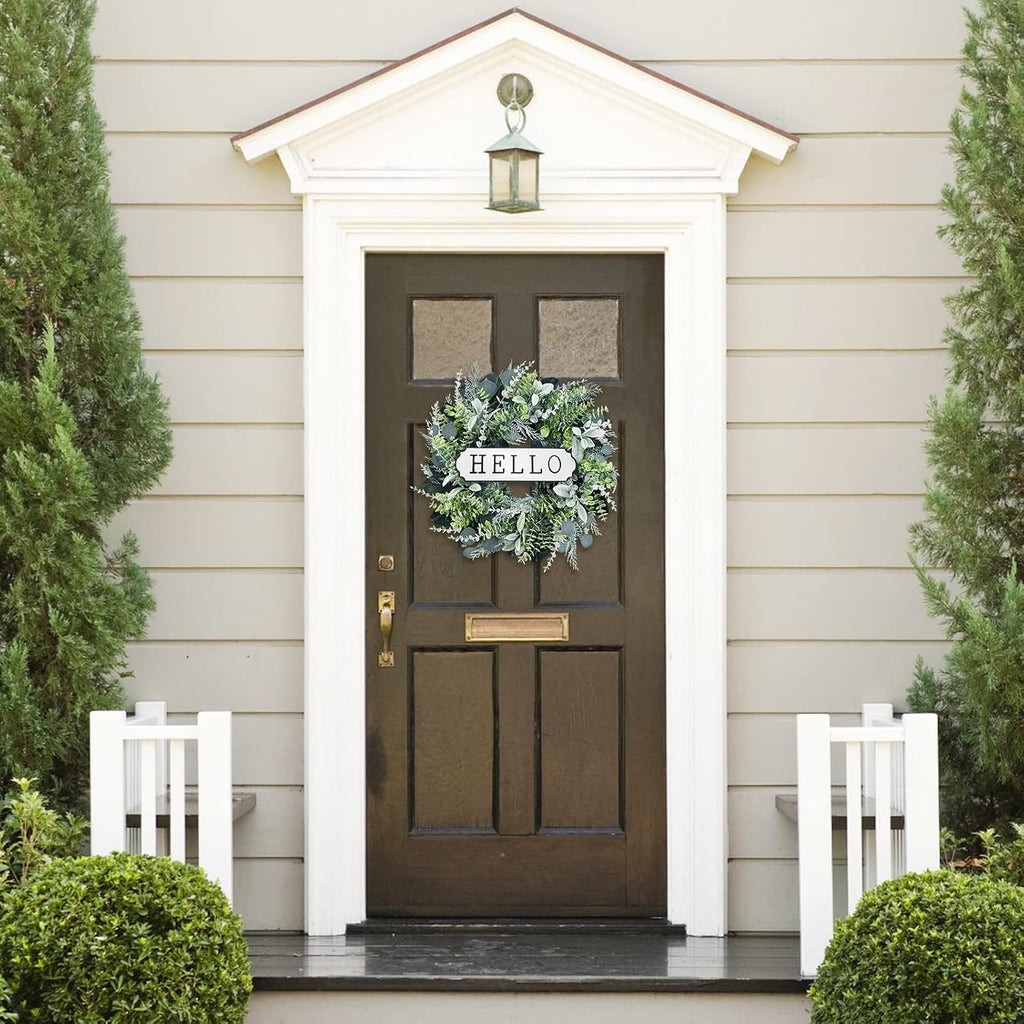 24'' Hello Door Wreath 24inch Boxwood Wreath Farmhouse Eucalyptus Flocked Lambs Ear Wreaths for Front Door Hanging
