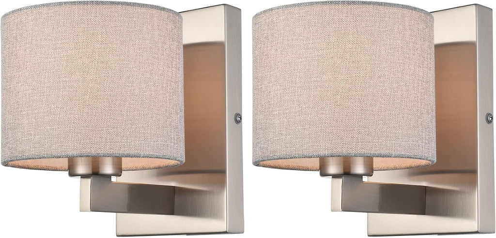 Modern Brushed Nickel Wall Sconces Set of 2 | Linen Drum Shade Wall Sconce, 1-Light Silver Wall Mount Lamp Hallway