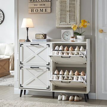 Shoe Storage Cabinet, Farmhouse Shoe Organizer with 4 Flip Drawers & Barn Door Design, Freestanding Hidden Slim Narrow