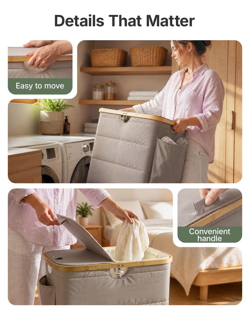 2 Section Laundry Hamper with Lid, 140L Quilted Puffer Basket
