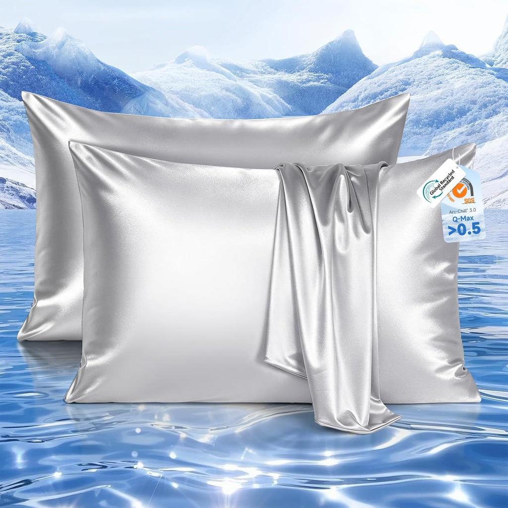 Cooling Satin Pillowcases for Hair & Skin with Zipper 20" x 30" and Cooling Blanket 90"x108" Gray Bundle