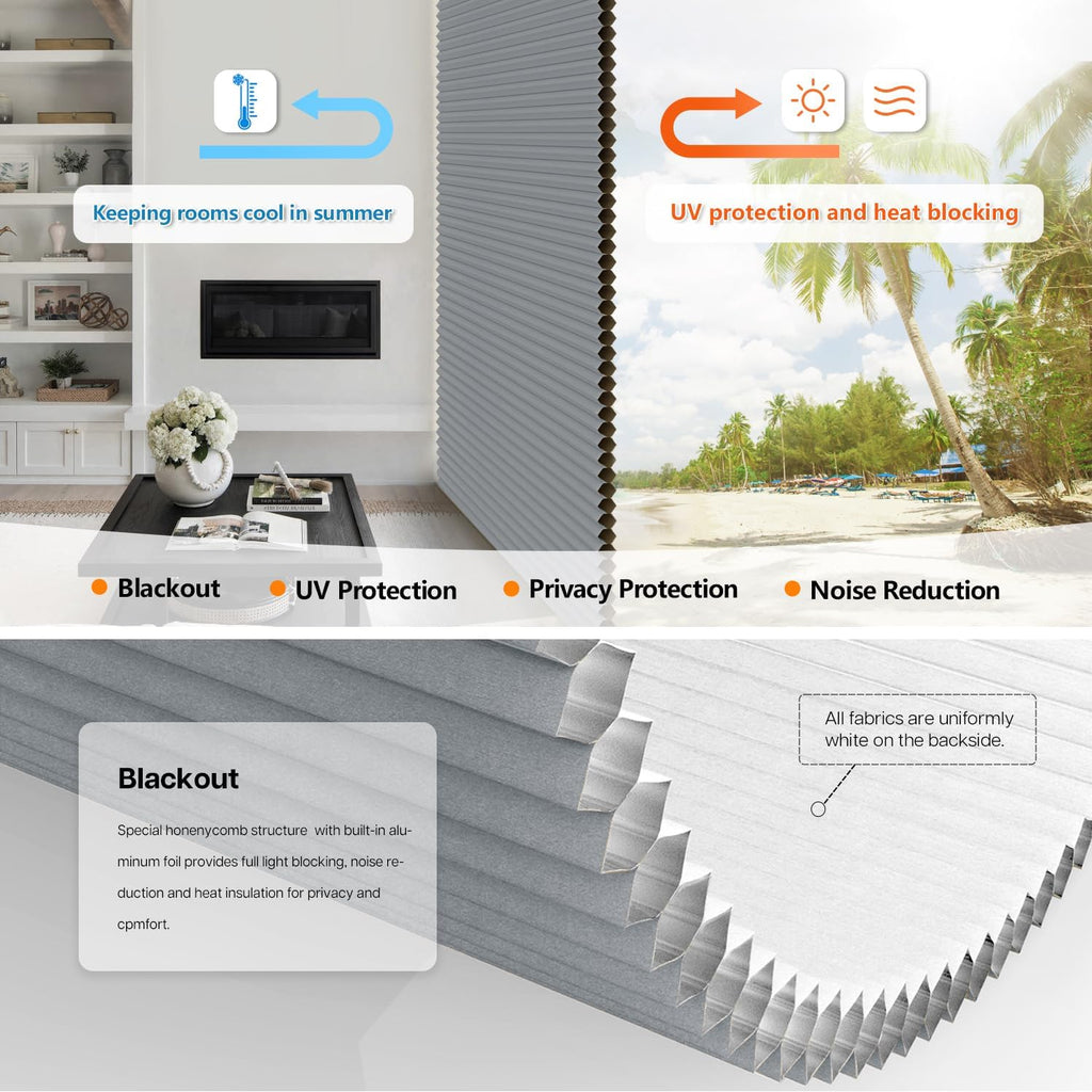 No Drill Cordless Cellular Shades, Dark Grey | Top Down Bottom Up (TDBU) Honeycomb Shades, Blackout Light Blocking