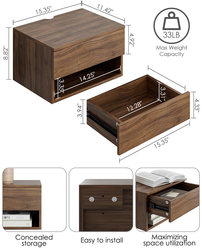 Modern Walnut Floating Nightstand with Drawer, Small Wall Mount Shelves