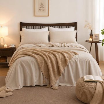 Belgian Linen Sheet Set Solid Color - 4 Pieces (1 Flat Sheet, 1 Fitted Sheet & 2 Pillowcases) Natural Flax Cotton