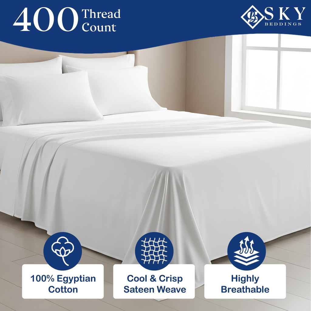 Olympic Queen Sheets Set, Egyptian Cotton Sateen, White