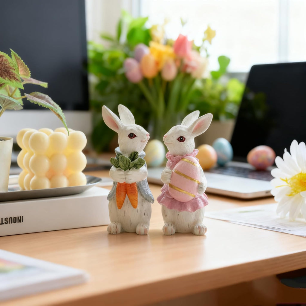 Easter Decorations - Resin White Easter Bunny - Small Bunny Statues Figurines Decor Table Centerpieces - Set of 2