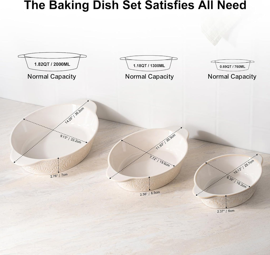 Casserole Dishes for Oven Sets of 3, Ceramic Oval Dish, Au Gratin Pans with Handles for Roasting, Lasagna, Pie, Meat