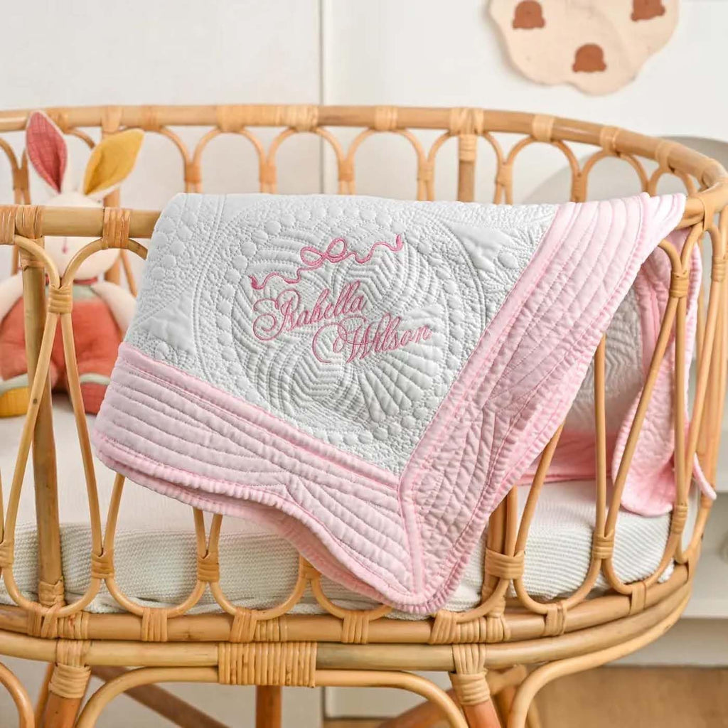 Name Baby Quilt Blanket, Custom Embroidered Monogram Infant Blankets for Baby Shower Heirloom Quilt Lightweight