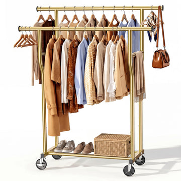Clothes Rack, Double Rods Rolling Clothing Rack for Hanging Clothes Load 260 LBS Closet Rack with Wheels, Metal