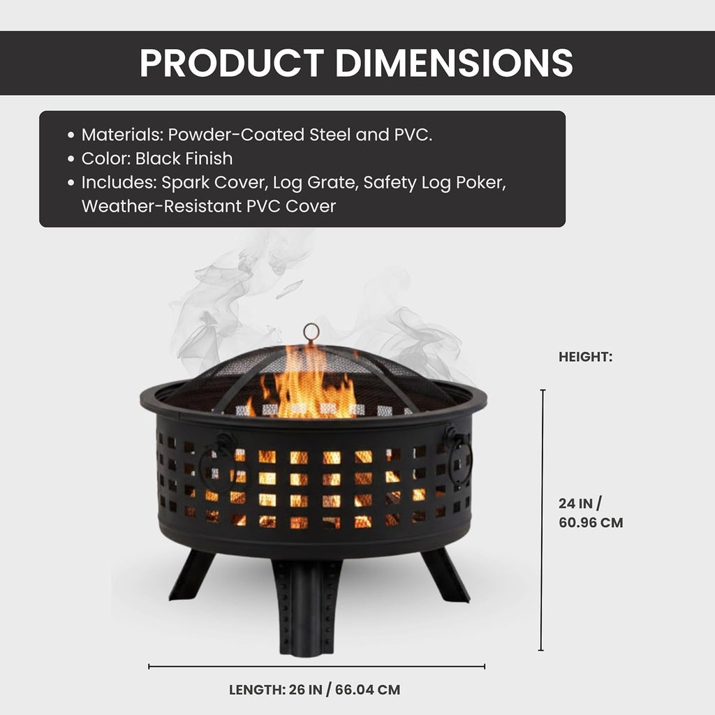 Outdoor Fire Pit - 26-Inch Round Lattice Wood Burning Firepit with Screen, Poker, Grate and Cover