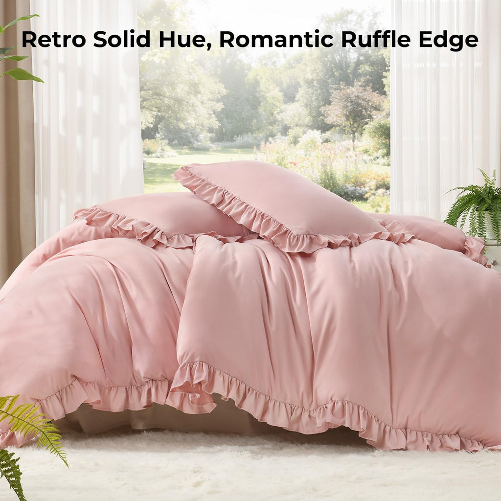 Full Comforter Sets, 3 Pieces Blush Pink Ruffle Girls Women Cute Bedding Comforters & Sets, Lightweight Fluffy