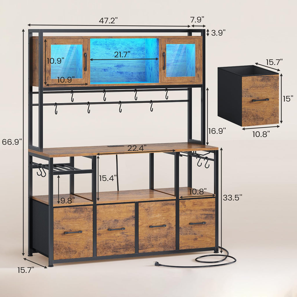 Bakers Rack with Power Outlet and LED Light, 47.2'' Microwave Stand with Storage, Kitchen Coffee Bar Cabinet with