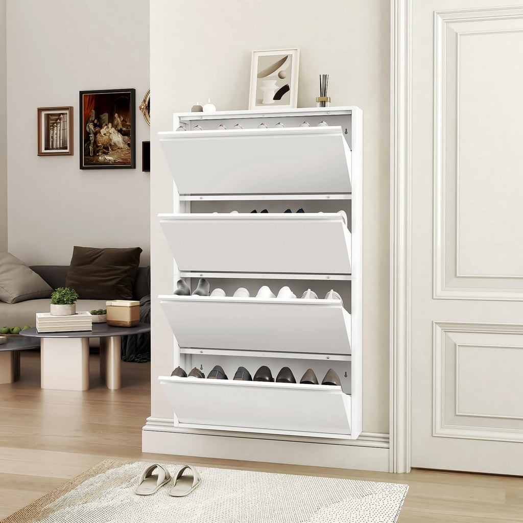 Shoe Cabinet with 4 Flip Drawers, Metal Wall Shoe Storage Cabinet, Slim Shoe Cabinet, White