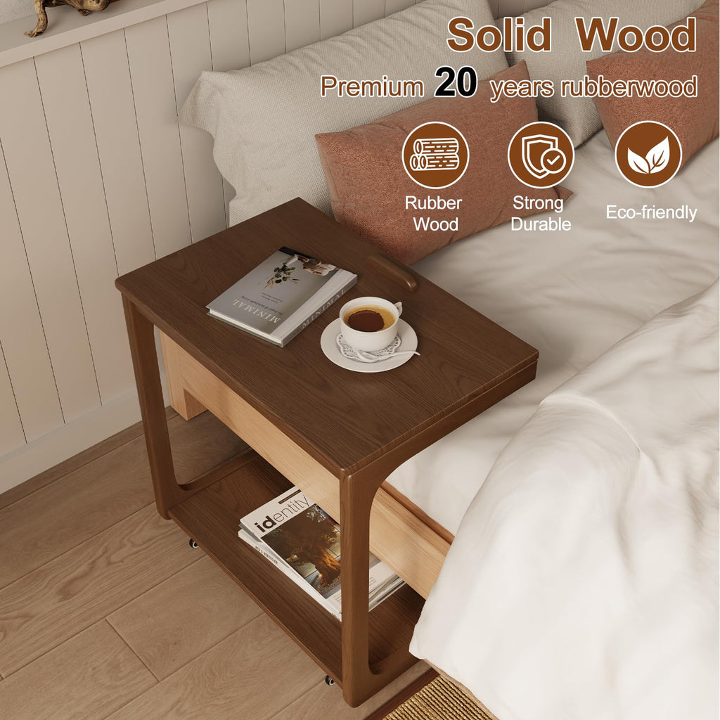 Wooden C-Shaped End Table, Couch Table with Adjustable Desktop, Small Rolling Side Table with 2 Lockable Wheels 23.6"