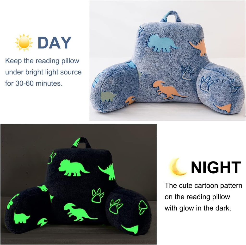 Kids Teens Glow in The Dark Dino Reading Pillow for Sitting up in Bed Sofa