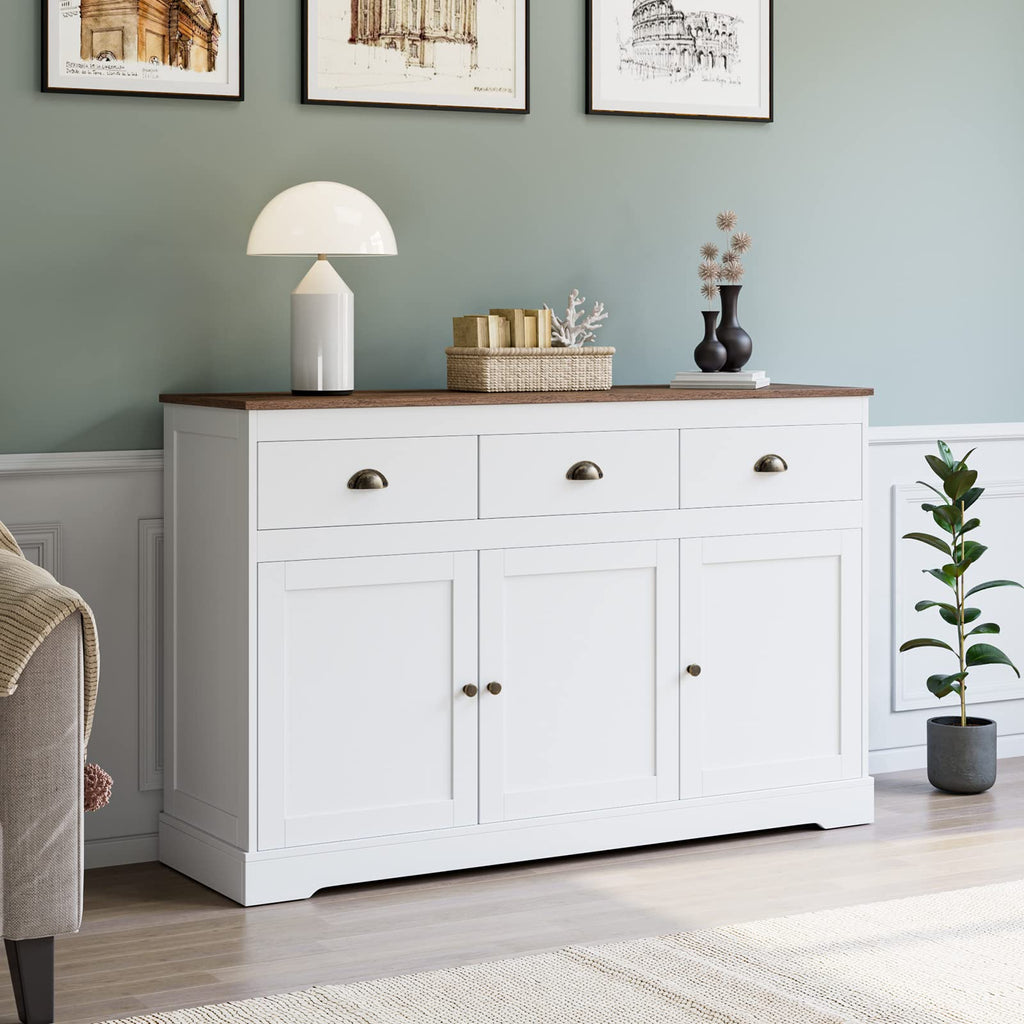 White Buffet Cabinet Storage Sideboard Farmhouse Server Bar Wine Cabinet with 3 Drawers & 3 Doors Adjustable Shelves