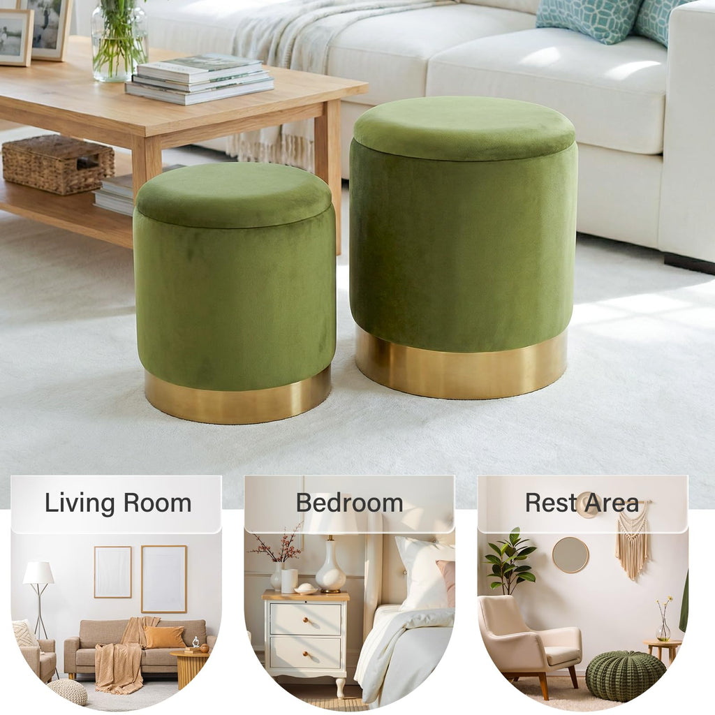 Round Ottoman with Storage Set of 2, Vanity Foot Stool with Storage, Nesting Upholstered Small Ottoman Foot Rest with