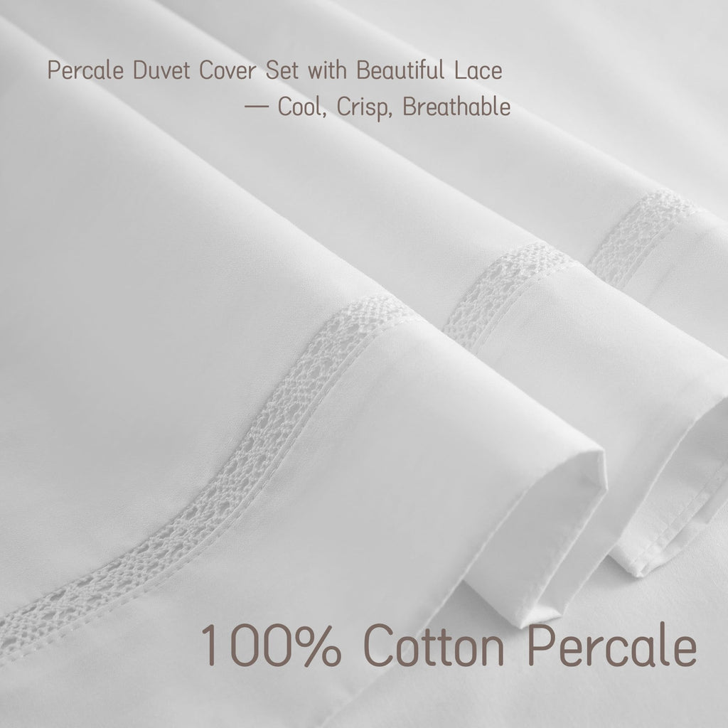 100% Cotton Percale Duvet Cover Queen Size, with Lace Pillowcases, 90x90