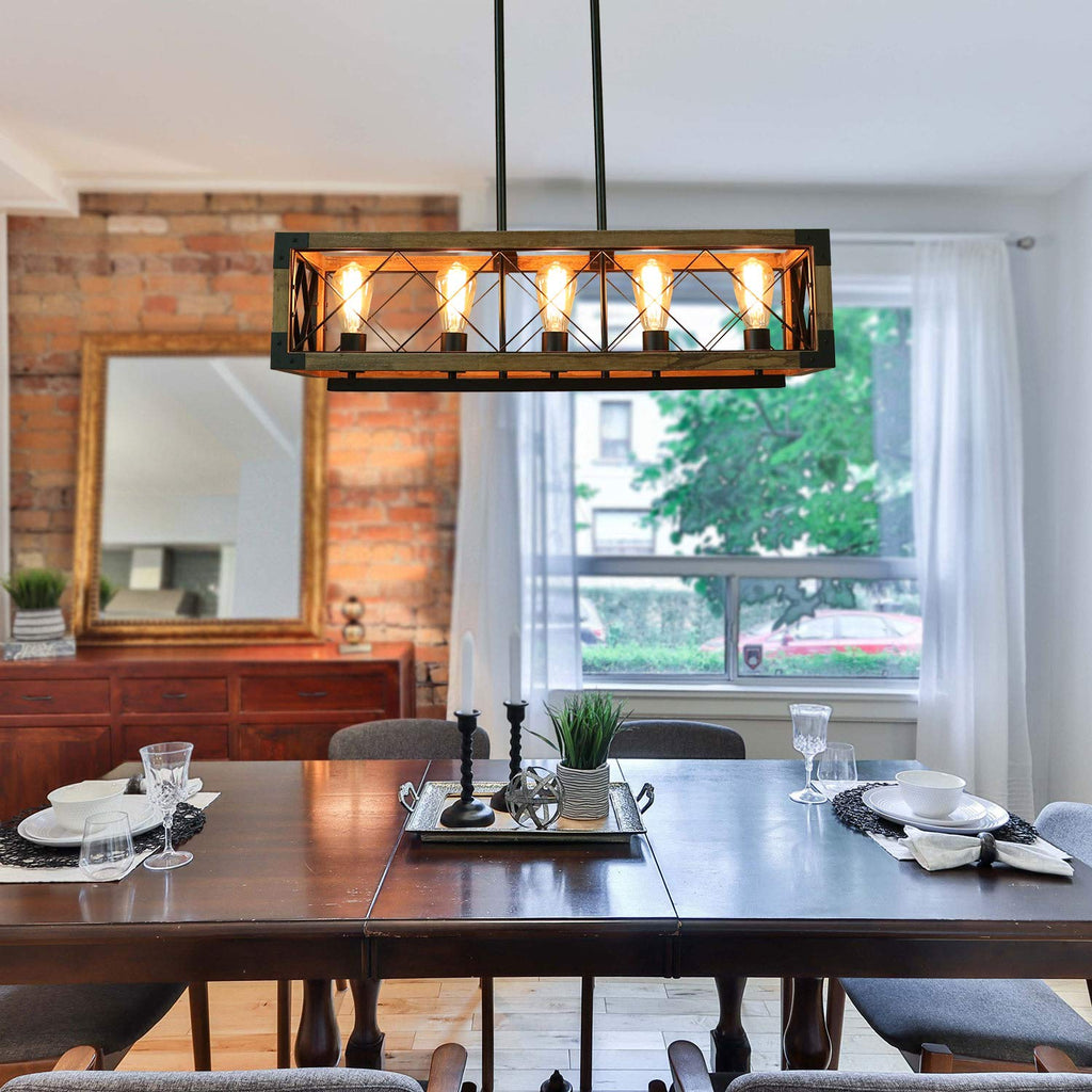 Rectangle Wood Chandelier Farmhouse Style Dining Room Kitchen Lighting Fixtures, 5 Lights Ceiling Hanging Pendant