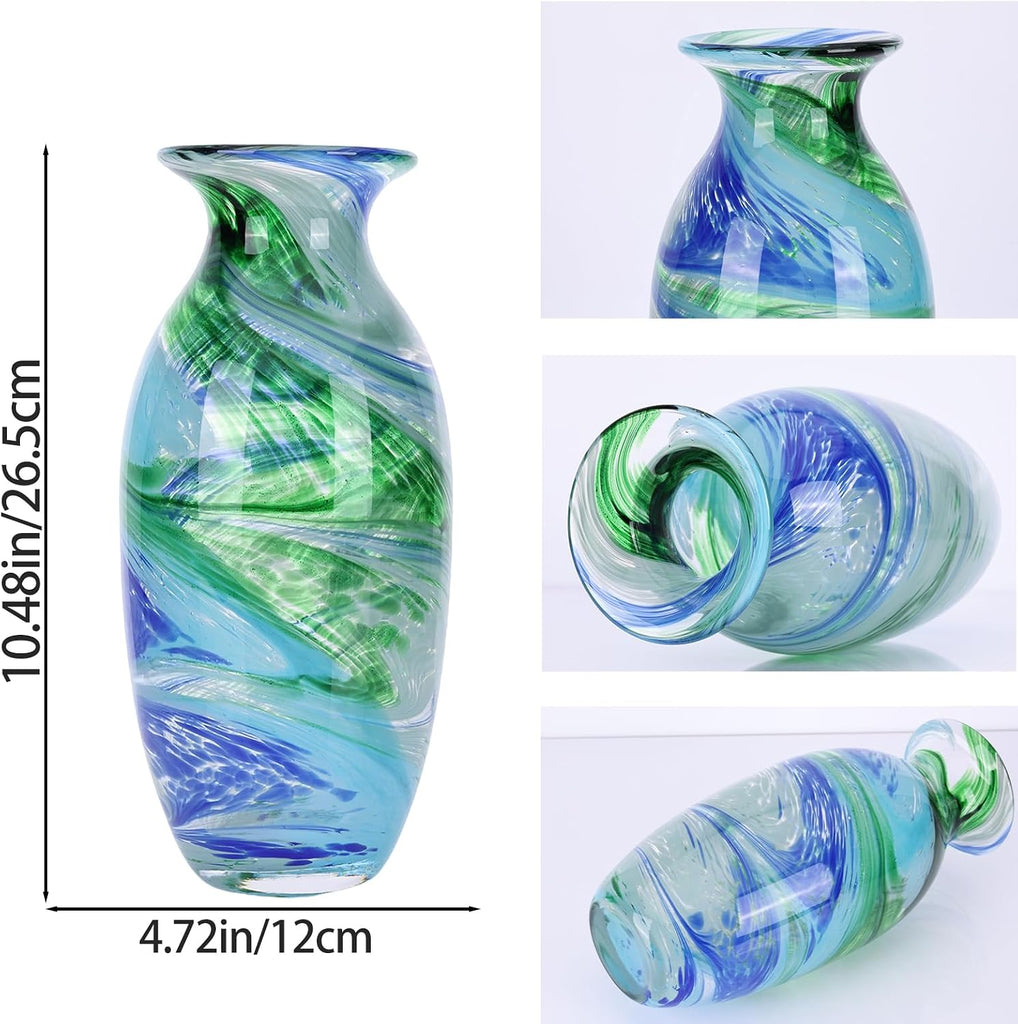 Hand Blown Glass vase, Blue Green Wide Mouth vase, Contemporary Glass Art Suitable for Display on Living Room Dining