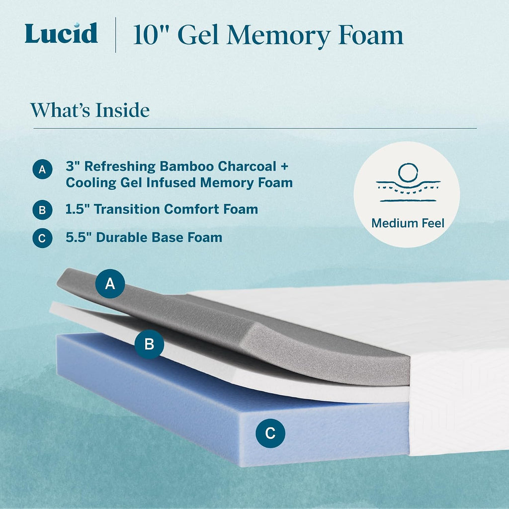 10" Medium Gel Memory Foam Mattress - Bamboo Charcoal & Cooling Gel - Fiberglass Free - Bed in a Box - CertiPUR-US