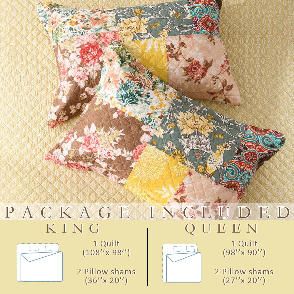 Cotton Quilt, Soft Breathable Bedspread with 2 Shams, Rustic Luxury Paisley Patchwork Quilt, Reversible