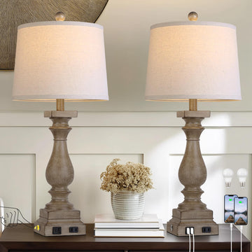 28" Tall Farmhouse Table Lamps Set of 2 with USB C+A Ports and AC Outlet, 3 Way Touch Control Rustic Bedside Lamp