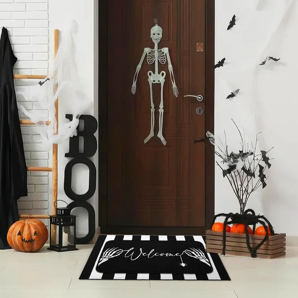 2 Pcs Summer Halloween Door Mats Outdoor Gothic Skull Welcome Front Doormat Linen Rubber Layered Black White Striped