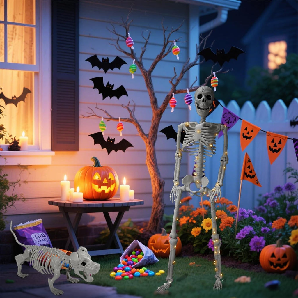 Lighted Human & Dog Skeleton Halloween Decorations Outdoor/Indoor - 36 Inch Realistic Full Body Movable Posable