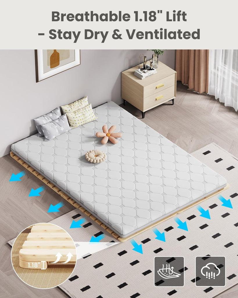 Floor Bed Frame, Foldable Japanese Tatami Bed Frame for Futon Mattress