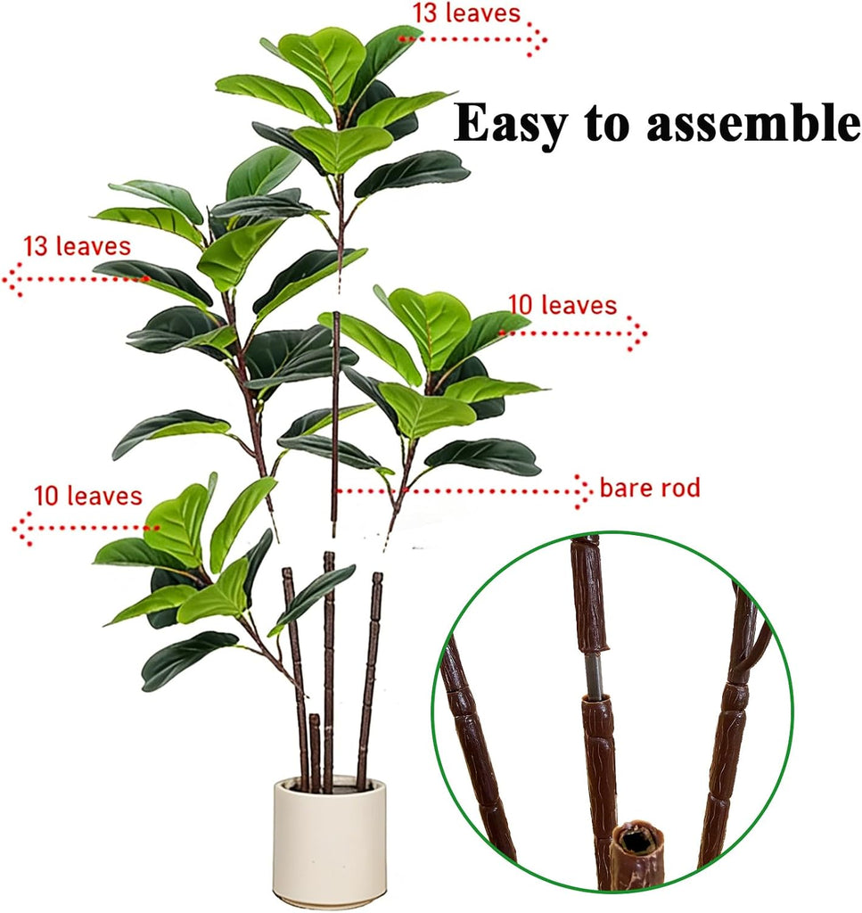Artificial Fiddle Leaf Fig Tree with White Planter, 4FT Fake Plant with 4 Natural Wood Trunks and Faux Moss, Tall