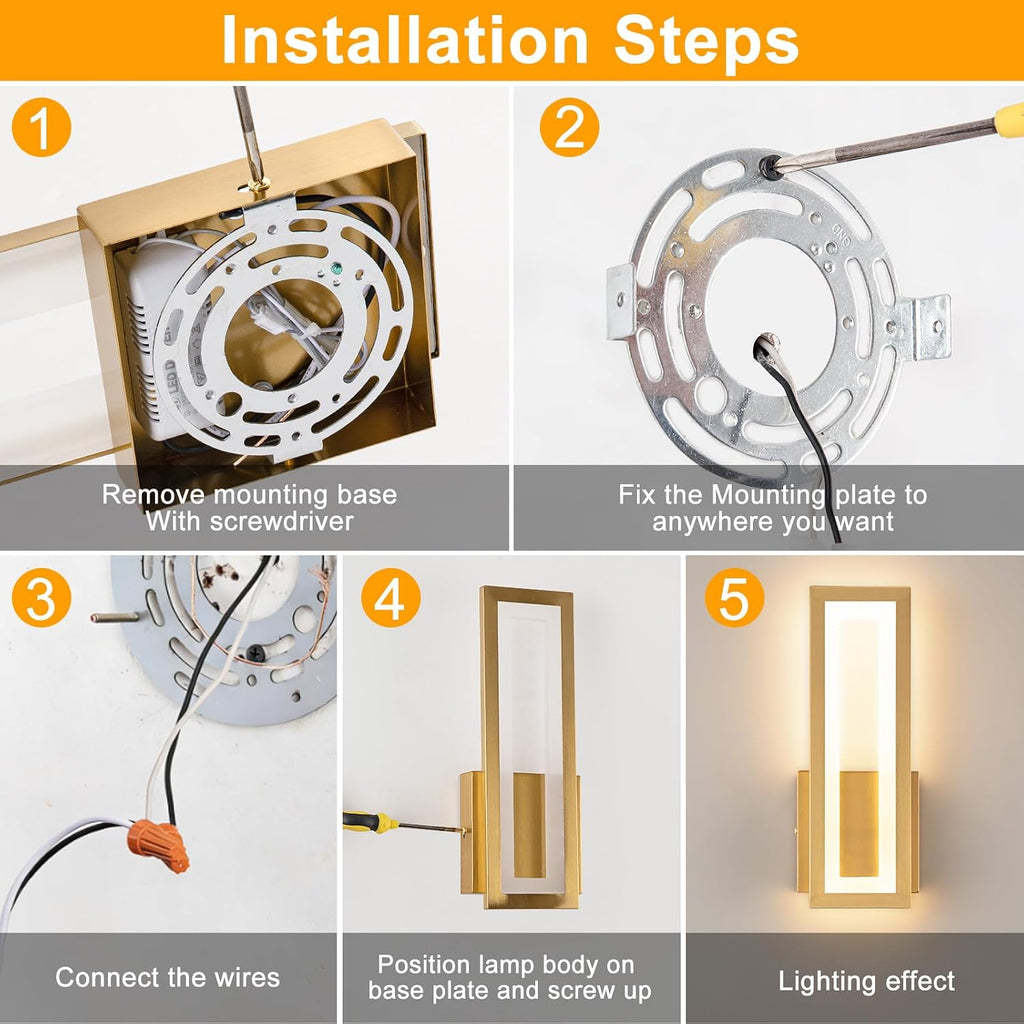 Modern LED Wall Sconces Set of 2, 3000K Warm White Led Wall Lighting Fixtures, Gold Minimalist Indoor Wall Lamp for