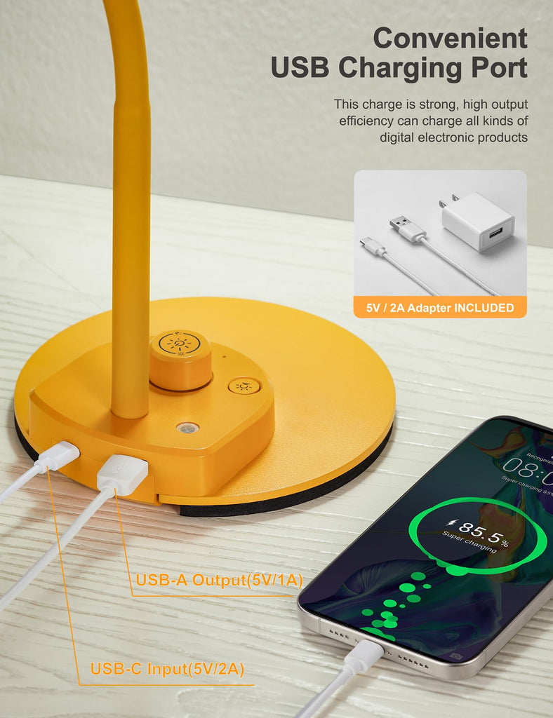 LED Desk Lamp with USB Charging Port 3 Color Modes Fully Dim, Yellow