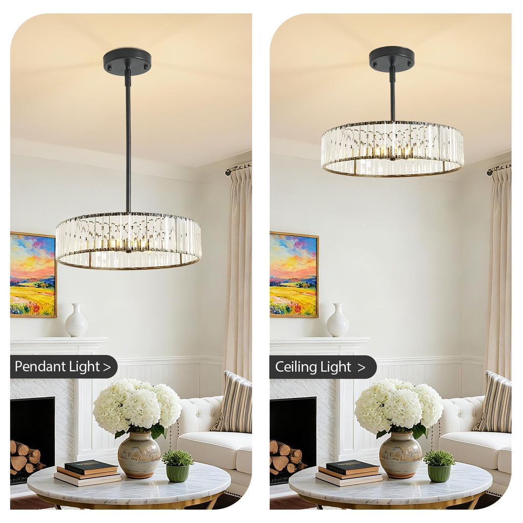 Adjustable Height Modern Black Crystal Chandelier 20 Inch