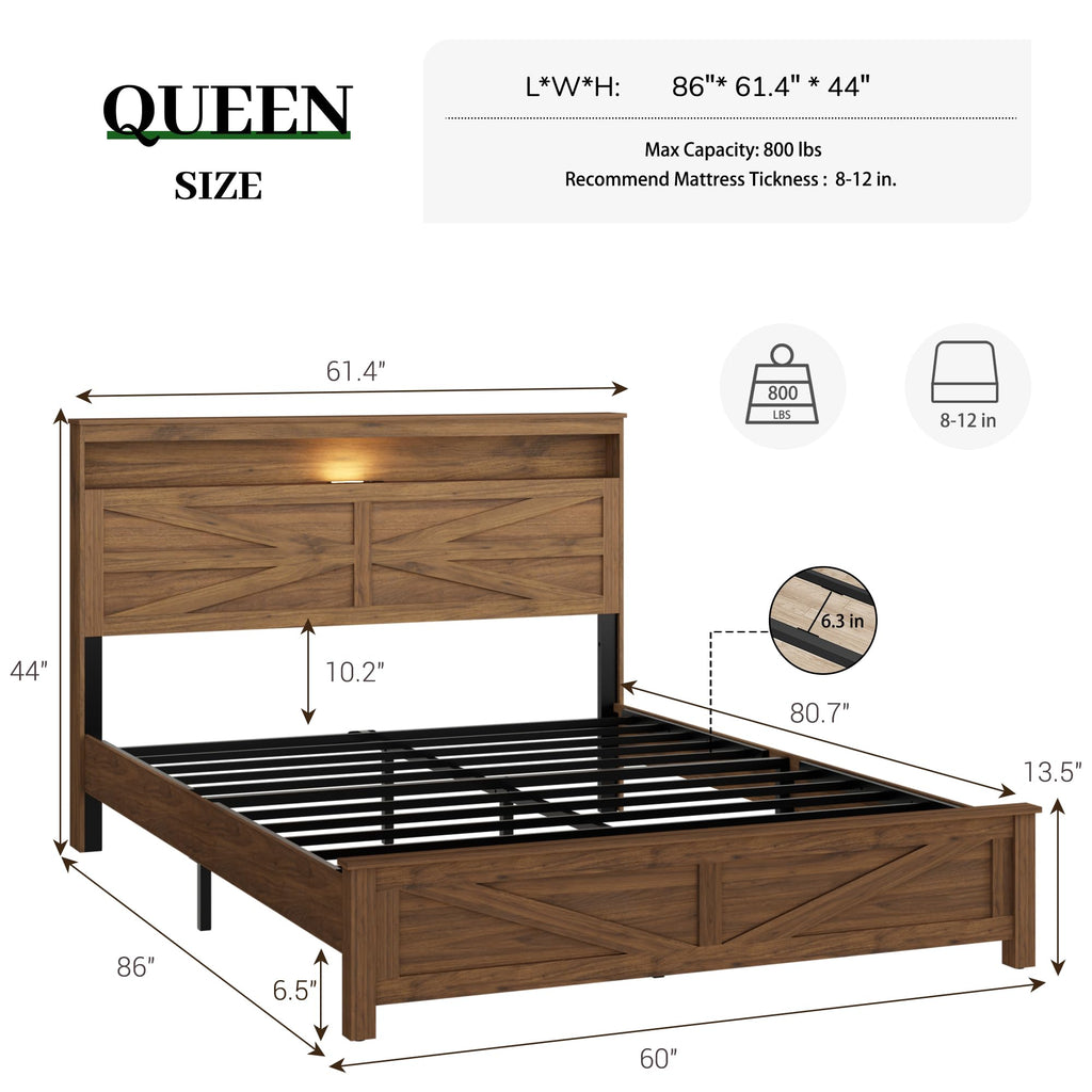 Bed Frame with Headboard, Rustic Farmhouse Wood Bed Frame with LED Lights and Charging Station, Easy