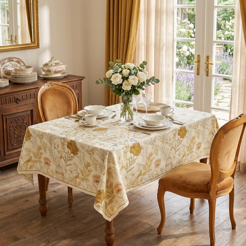 Designer French Farmhouse Fall Tablecloth, Rectangular, 110"x63"
