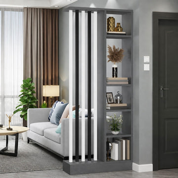 Wood Wall Room Divider with Storage Shelves Freestanding Slat Partition