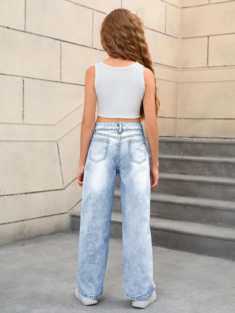 Girl's Baggy Jeans Wide Straight Leg Denim Pants Kids